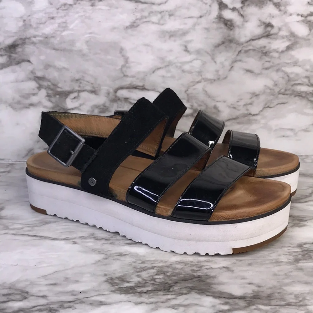 UGG Australia Womens Size 8 Braelynn Sandals Platform Black Patent/suede